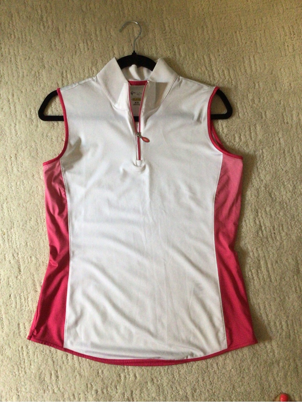 Greg Norman Collection White and Pink Sleeveless Golf Tank with Zip Mock Neck